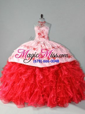 Halter Top Sleeveless Sweet 16 Dresses Court Train Embroidery and Ruffles Red Organza