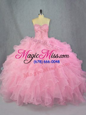 Organza Sweetheart Sleeveless Lace Up Beading and Ruffles Quinceanera Dress in Pink