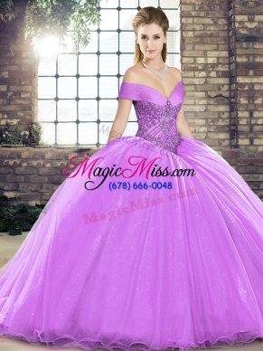 Off The Shoulder Sleeveless Brush Train Lace Up Vestidos de Quinceanera Lavender Organza