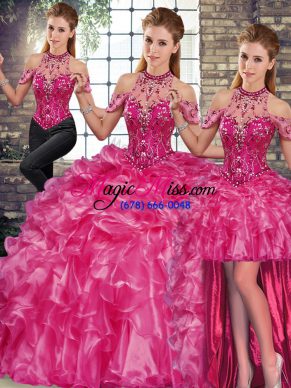 Fuchsia Three Pieces Halter Top Sleeveless Organza Floor Length Lace Up Beading and Ruffles Vestidos de Quinceanera