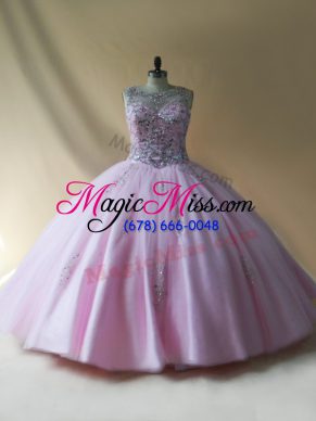 Baby Pink Ball Gowns Beading Quinceanera Dresses Lace Up Tulle Sleeveless Floor Length