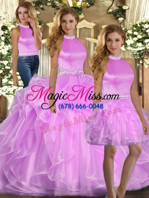 Lilac Lace Up Quinceanera Gown Beading and Ruffles Sleeveless Floor Length