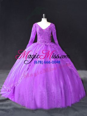 Purple Lace Up V-neck Lace and Appliques Sweet 16 Dress Tulle Long Sleeves