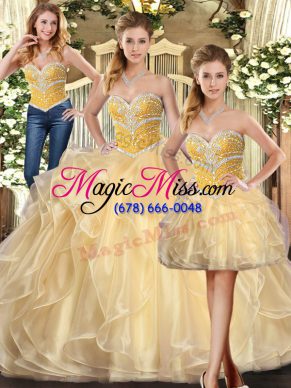 Champagne Ball Gowns Beading and Ruffles Vestidos de Quinceanera Lace Up Organza Sleeveless Floor Length