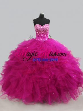 Great Fuchsia Sweetheart Neckline Beading and Ruffles 15 Quinceanera Dress Sleeveless Lace Up