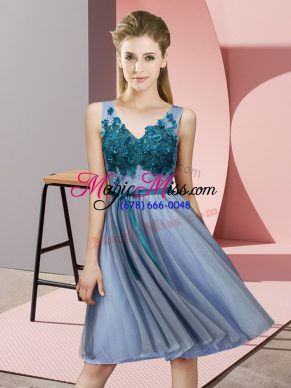 Pretty Blue Lace Up V-neck Appliques Vestidos de Damas Tulle Sleeveless