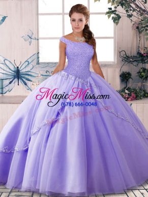 Suitable Beading Ball Gown Prom Dress Lavender Lace Up Sleeveless Brush Train