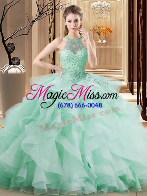 Exquisite Halter Top Sleeveless Brush Train Lace Up Vestidos de Quinceanera Apple Green Organza