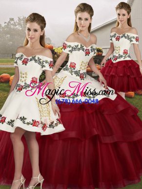 Super Wine Red Tulle Lace Up Off The Shoulder Sleeveless 15 Quinceanera Dress Brush Train Embroidery and Ruffled Layers