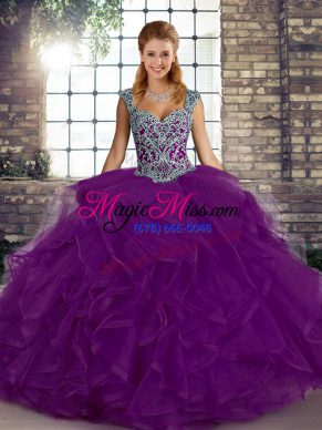 Custom Made Floor Length Purple Quinceanera Dresses Tulle Sleeveless Beading and Ruffles