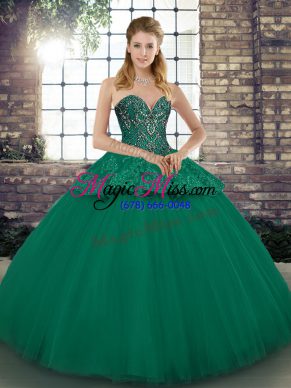 Fashion Sweetheart Sleeveless Ball Gown Prom Dress Floor Length Beading and Appliques Green Tulle