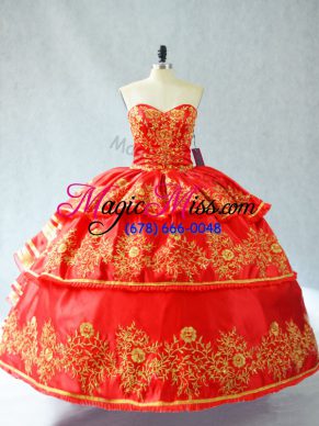 Red Satin and Organza Lace Up Sweetheart Sleeveless Floor Length Quinceanera Dresses Embroidery and Ruffled Layers