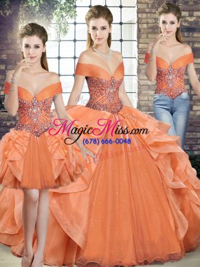 Orange Sleeveless Beading and Ruffles Floor Length Ball Gown Prom Dress