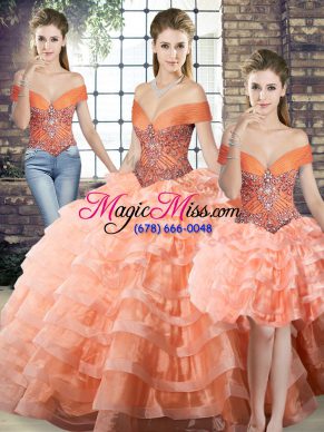 Deluxe Peach Three Pieces Off The Shoulder Sleeveless Organza Brush Train Lace Up Beading and Ruffled Layers Quince Ball Gowns