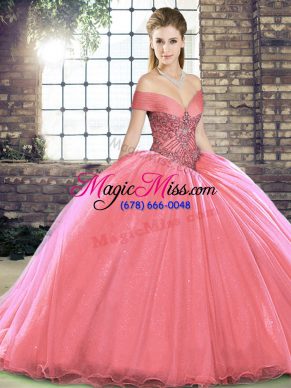 Super Sleeveless Beading Lace Up 15th Birthday Dress with Watermelon Red Brush Train