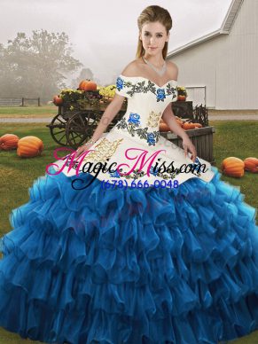 Delicate Ball Gowns Quinceanera Gown Blue And White Off The Shoulder Organza Sleeveless Floor Length Lace Up