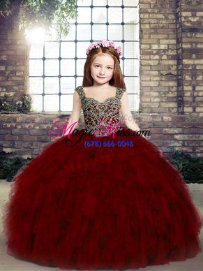 Red Lace Up Little Girls Pageant Gowns Beading and Ruffles Sleeveless Floor Length