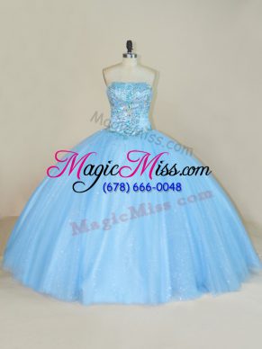 Suitable Blue Tulle Lace Up Sweet 16 Dresses Sleeveless Floor Length Beading