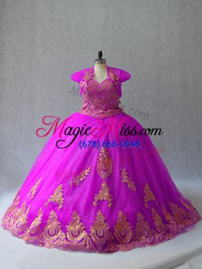 Sleeveless Tulle Court Train Lace Up Quinceanera Gown in Fuchsia with Beading and Appliques