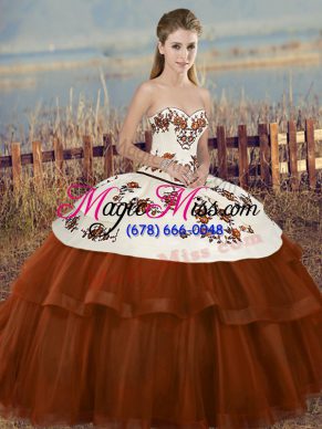 Brown Tulle Lace Up Sweetheart Sleeveless Floor Length Quince Ball Gowns Embroidery and Bowknot