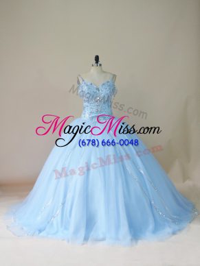 Pretty Ball Gowns Sleeveless Light Blue Quinceanera Dress Brush Train Lace Up