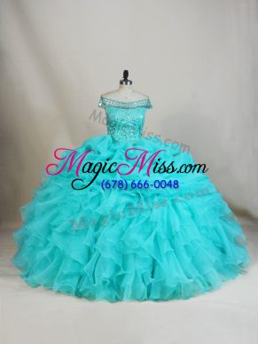 Aqua Blue Sleeveless Floor Length Beading and Ruffles Lace Up Quinceanera Dresses