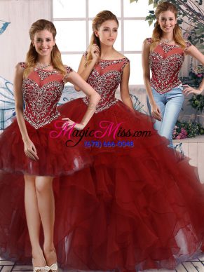 Modern Burgundy Three Pieces Scoop Sleeveless Organza Floor Length Zipper Beading and Ruffles Sweet 16 Quinceanera Dress