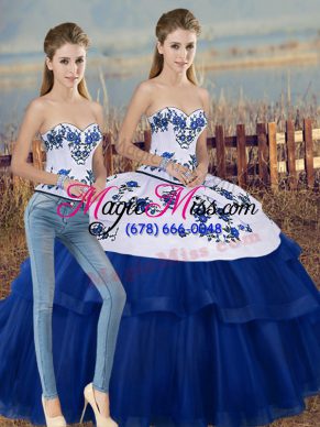 Simple Sleeveless Floor Length Embroidery and Bowknot Lace Up Sweet 16 Dresses with Royal Blue