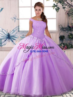 Lavender Tulle Lace Up Vestidos de Quinceanera Sleeveless Brush Train Beading