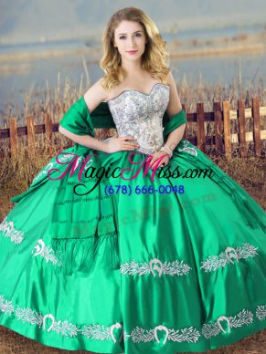 Sophisticated Floor Length Turquoise Sweet 16 Dress Satin Sleeveless Beading and Embroidery