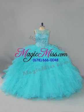 Ball Gowns 15th Birthday Dress Aqua Blue Scoop Tulle Sleeveless Floor Length Lace Up