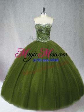 Customized Sleeveless Floor Length Beading Lace Up Ball Gown Prom Dress with Olive Green