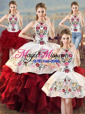 White And Red Lace Up Ball Gown Prom Dress Embroidery and Ruffles Sleeveless Floor Length