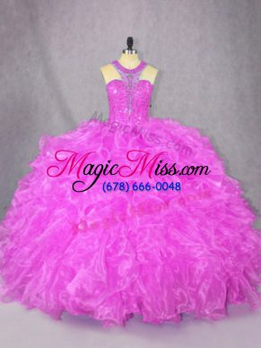 Noble Fuchsia Ball Gowns Scoop Sleeveless Organza Floor Length Zipper Beading and Ruffles Quinceanera Dresses