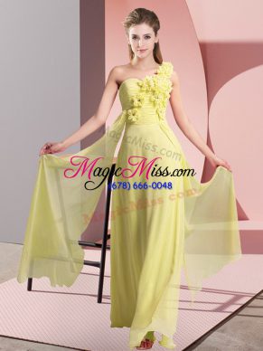 Comfortable Sleeveless Chiffon Floor Length Lace Up Quinceanera Court of Honor Dress in Yellow with Hand Made Flower