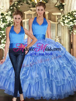 Trendy Baby Blue Sleeveless Ruffles and Pick Ups Floor Length 15th Birthday Dress