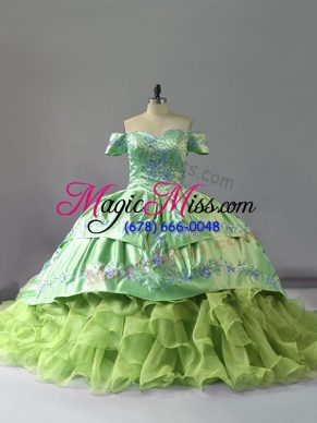 Luxurious Organza Off The Shoulder Sleeveless Chapel Train Lace Up Embroidery and Ruffles Sweet 16 Dress in Yellow Green