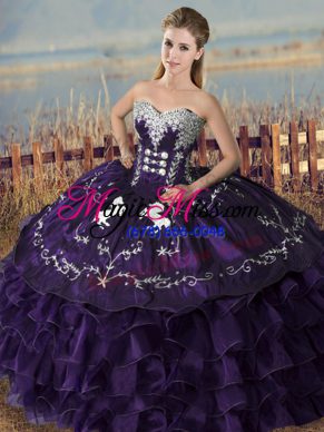 Purple Ball Gowns Sweetheart Sleeveless Organza Floor Length Lace Up Embroidery and Ruffles Sweet 16 Dress