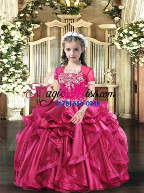 Hot Pink Sleeveless Organza Lace Up Little Girl Pageant Dress for Party and Sweet 16 and Wedding Party