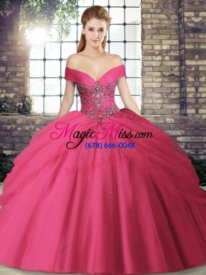 Free and Easy Hot Pink Lace Up 15 Quinceanera Dress Beading and Pick Ups Sleeveless Brush Train