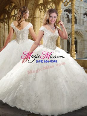 Elegant White Organza Zipper V-neck Cap Sleeves Floor Length Wedding Dresses Beading and Ruffles