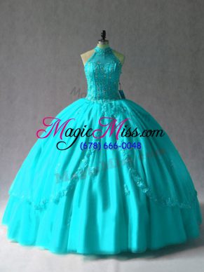 Ball Gowns 15th Birthday Dress Aqua Blue Halter Top Tulle Sleeveless Floor Length Lace Up
