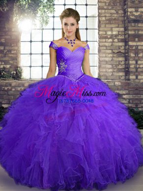 Classical Purple Tulle Lace Up Off The Shoulder Sleeveless Floor Length Sweet 16 Dress Beading and Ruffles