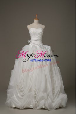Ideal Sweetheart Sleeveless Fabric With Rolling Flowers Wedding Dresses Belt Brush Train Lace Up