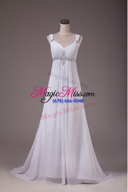 Designer White Lace Up Wedding Dresses Beading Sleeveless Brush Train