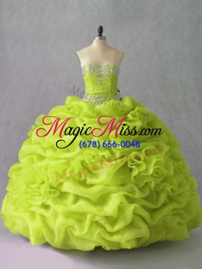 Sexy Yellow Green Lace Up Sweet 16 Dresses Beading and Pick Ups and Hand Made Flower Sleeveless Floor Length