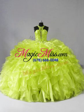 Yellow Green Ball Gowns Organza Halter Top Sleeveless Beading and Ruffles Zipper 15th Birthday Dress Brush Train