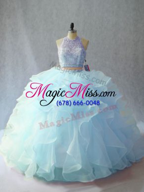 Attractive Brush Train Two Pieces Ball Gown Prom Dress Light Blue Scoop Organza Sleeveless Backless