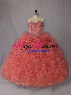 Orange Ball Gowns Beading and Ruffles Quinceanera Dress Lace Up Organza Sleeveless