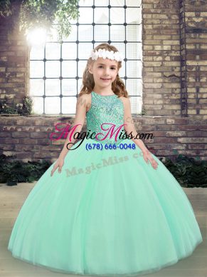 Apple Green Ball Gowns Scoop Sleeveless Tulle Floor Length Lace Up Beading Little Girls Pageant Dress